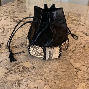 Vintage Boho Drawstring Leather and Authentic Snakeskin bag EUC